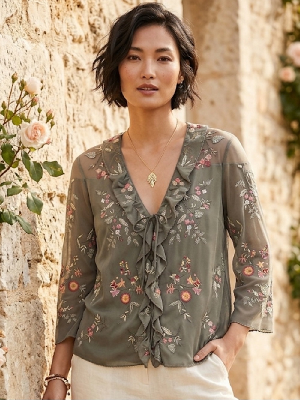 J. Jill Gray embroidered Floral Ruffle Tie-Front Blouse. NWT